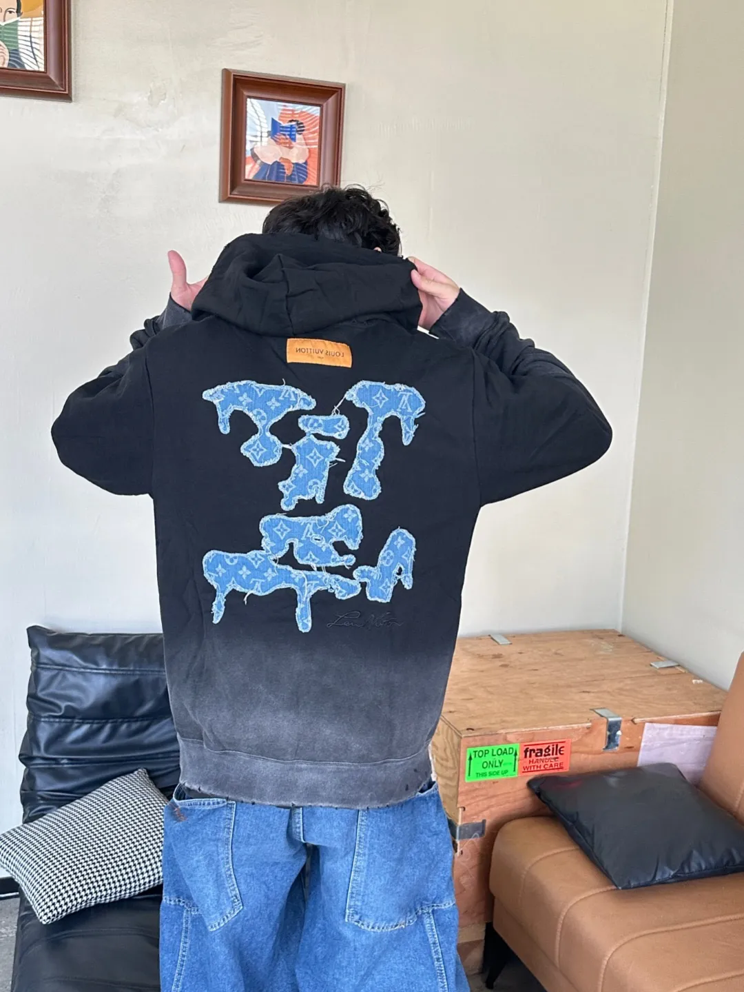 Louis Vuitton/Louis Vuitton cloud denim logo patch embroidery washed hooded sweatshirt